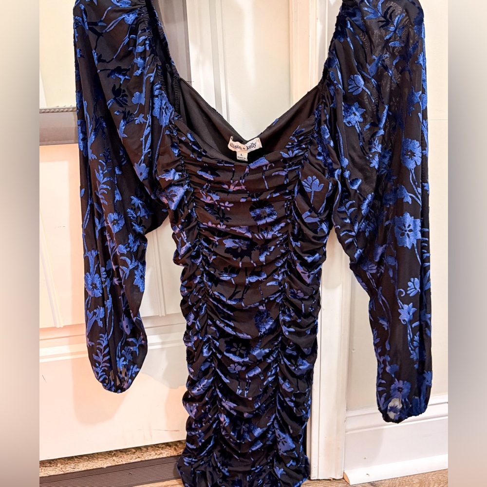 Black Dress with Blue Floral Design
